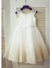 Ivory Satin Tulle Champagne Lace Cap Sleeves Tea Length Flower Girl Dress 